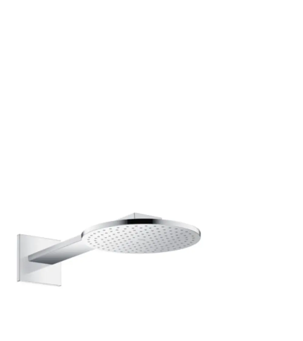Wandmontierte Kopfbrause in Chrom-Design mit flachem, runden Duschkopf von AXOR, der gleichmäßig Wasser verteilt. Brausearm verbindet Kopfbrause mit Wand.